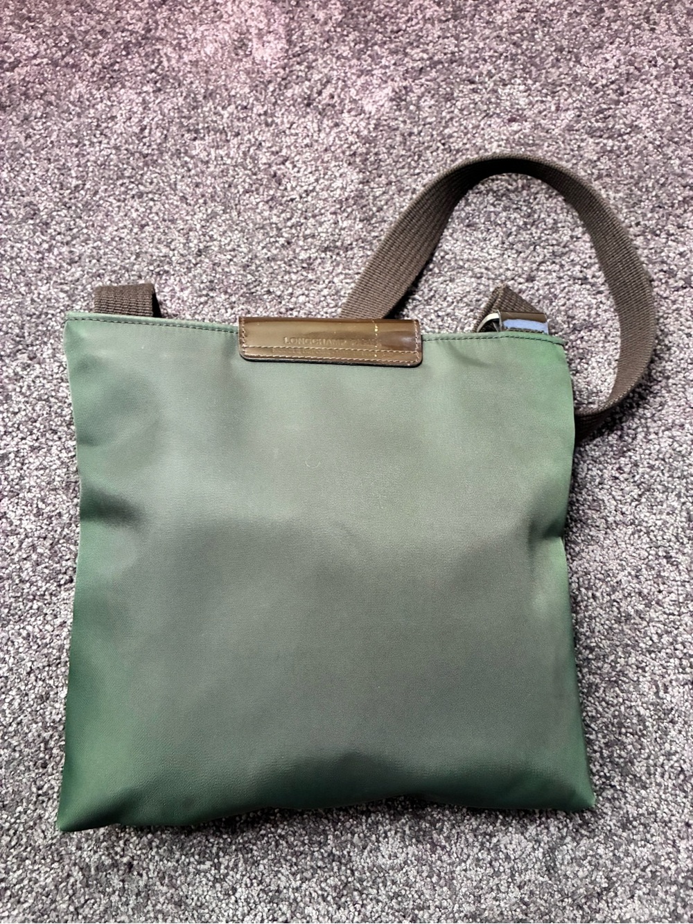 Longchamp Forest Green & Brown Crossbody Bag Purple Interior Magnet Snap Closure - Picture 2 of 7